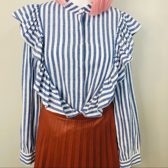 SOLD Blue & White Stripe Cotton Long Sleeve MVN Ruffle Button Up Shirt 12 - Picture 4 of 16